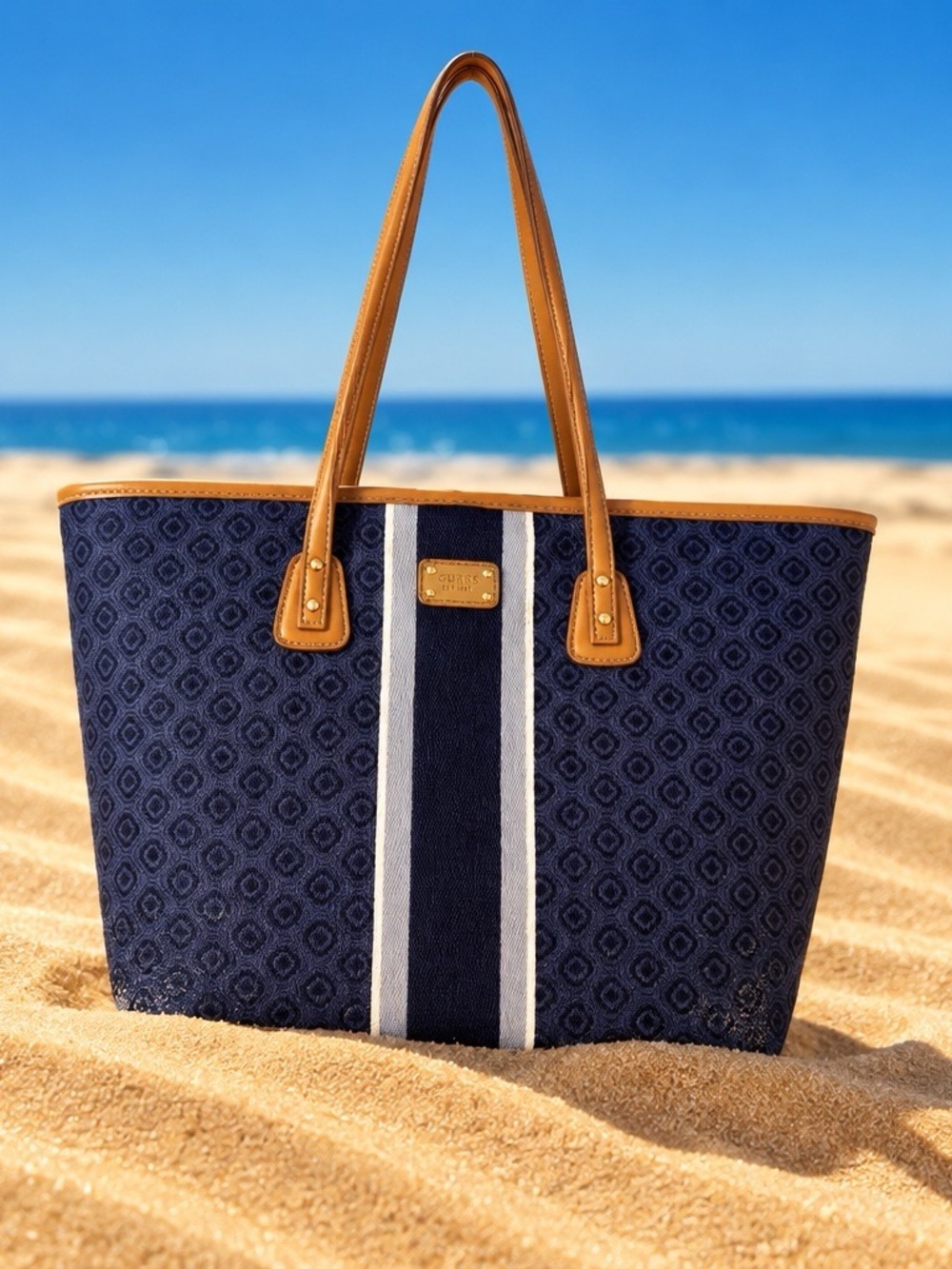 Crown and Ivy Navy Stripe Tote Bag with Tan Handles
